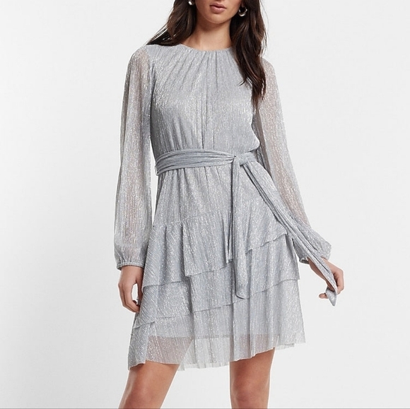 Express Dresses & Skirts - EXPRESS Metallic Silver Long Sleeve Tie Waist Tiered Ruffle Mini Dress, M